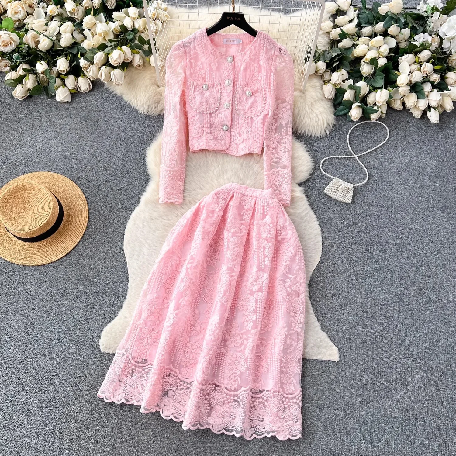 Greenora Small Fragrant Embroidery Flower Two Piece Set Women Long Sleeve Pearls Buttons Pocket Lace Mesh Crop Top＋A-Line Midi S