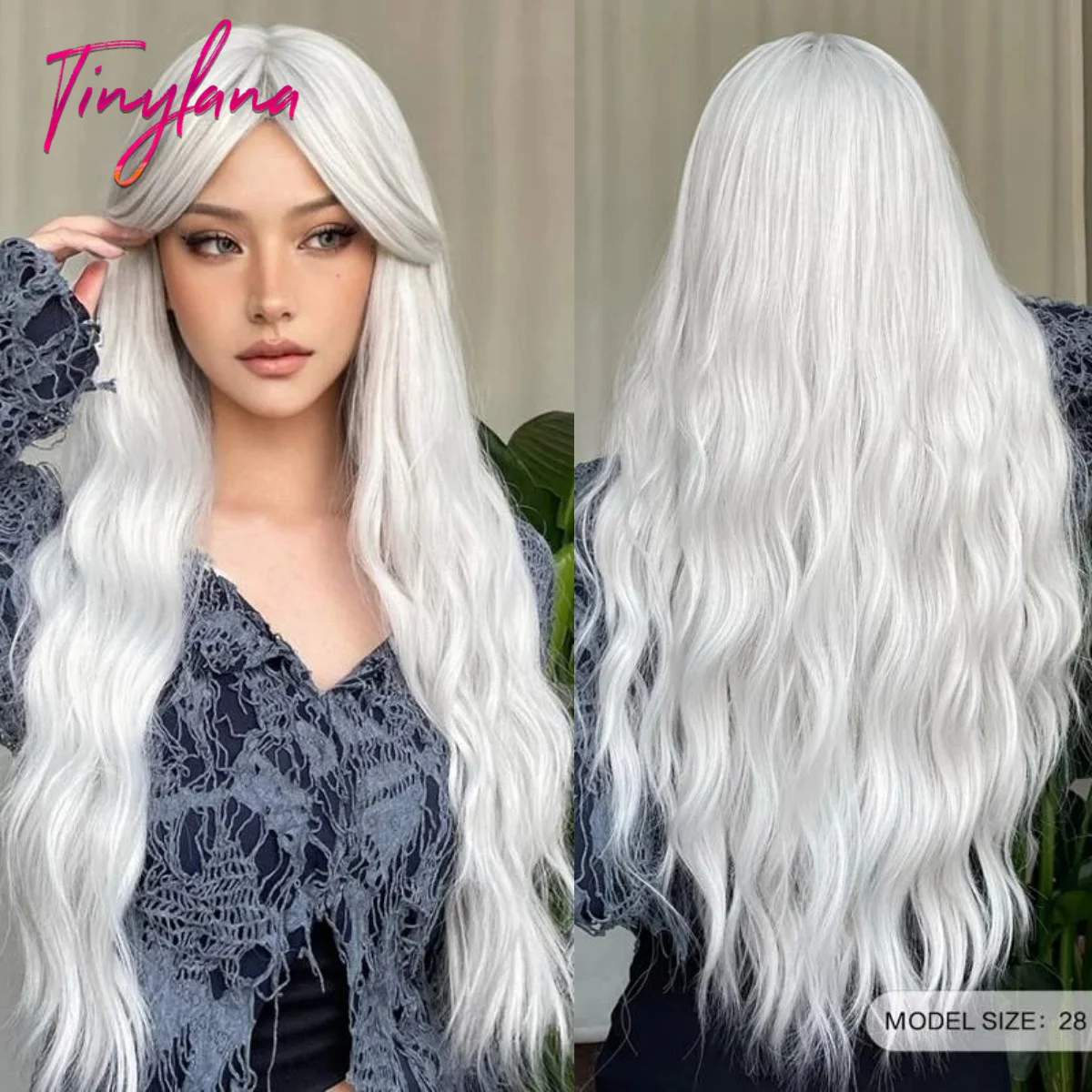 Ash Gray Platinum Long Curly Synthetic Wigs with Bangs for Women Afro Deep Wave Cosplay Lolita Wig Natural Hair Heat Reisitant