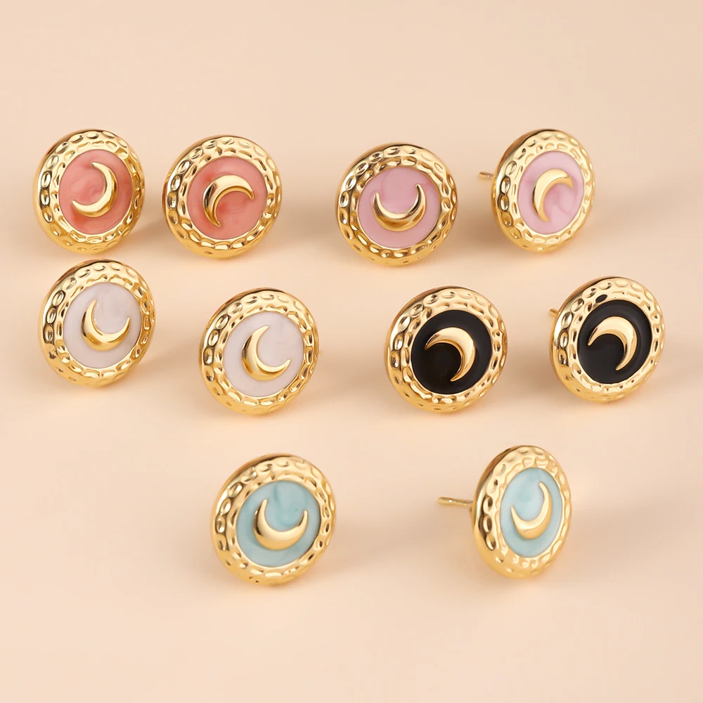 Exquisite Stainless Steel Round Stud Earrings For Women, Trendy Colorful Drip Oil Moon Style Retro High-end Earrings