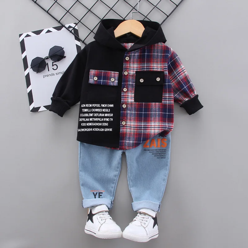 Baby Boy Clothes 0-5 Years Old Spring And Autumn Cotton Suit Boy Letter Plaid Hooded Shirt + Pants Baby Boy Two-Piece Suit