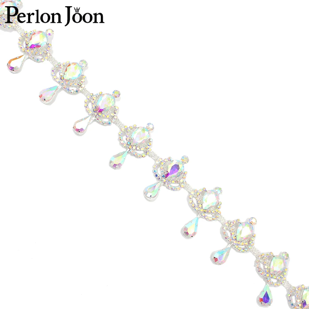 New AB Crystal Water Drop Rhinestone Trim Sparkling AB Color Glass Bridal Wedding dress Headdress decoration Chain ML118