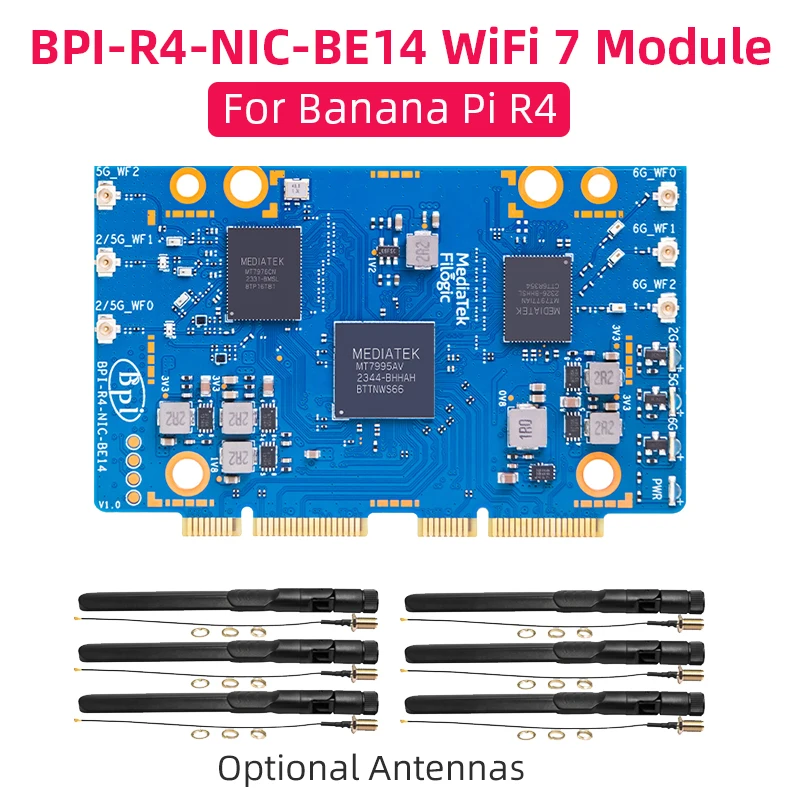 BPI-R4 BPI-R4-NIC-BE14 WiFi 7 modul dengan MediaTek MT7995AV 32-bit RISC-V MCU 2 PCIe 3.0 antarmuka untuk BPI-R4 pisang Pi