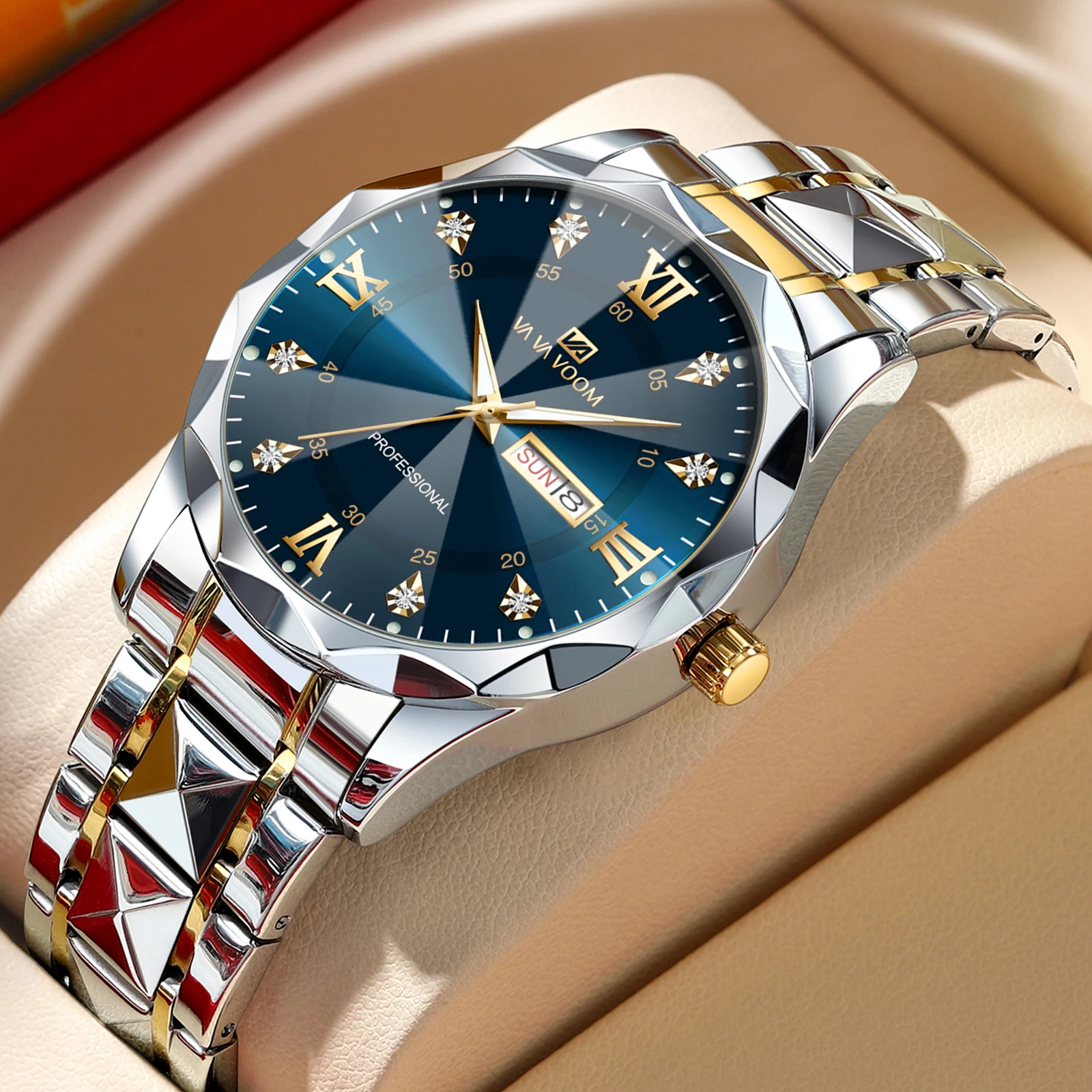 

VA VA VOOM Hot Selling Original Blue Gold Quartz Watch Men Fashion High Quality Rhombus Design Fashion Business Japanese Movement Gold Stainless Steel Fashion Clock Sports Gift Watch for Men