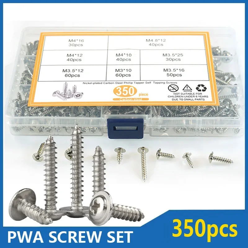 350Pcs M3 M4 Nickel Plating PWA Cross Round Head with Washer Self Tapping Screws Bolt Sets Pan Head With Meson Tapping Silk Box