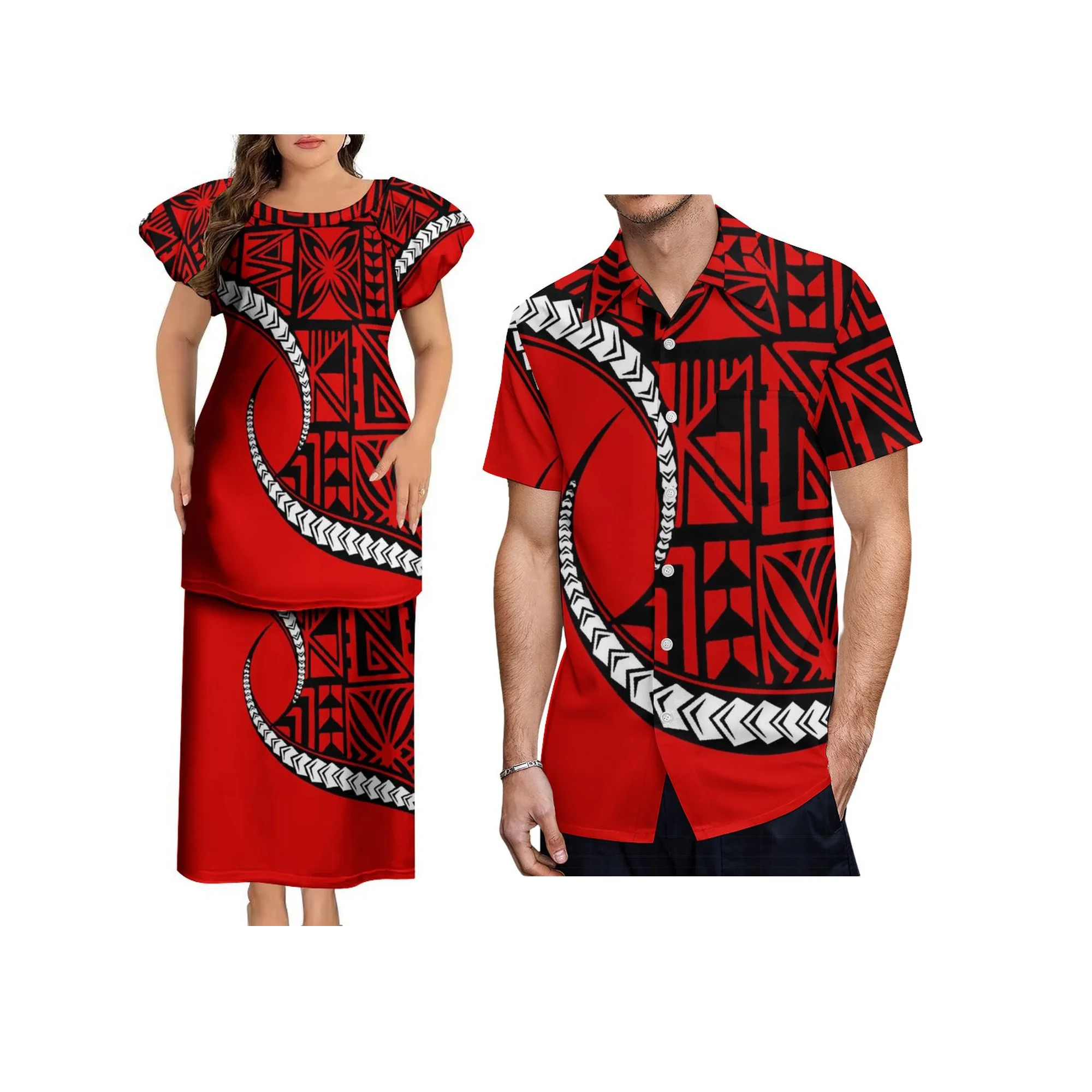 プリントオンデマンド ポリネシアン トライバルプリント ファミリーお揃いコーデ カップル服 サモア プレタシ セット & プラスサイズ メンズシャツ