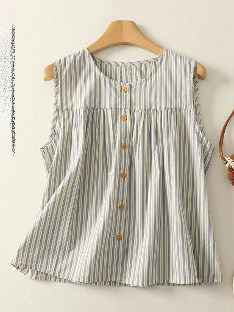 

Summer Casual Cotton Stripe Svel irt Women's Outerwear Anti-Aging Slimming Small Size Leisure Top Japanese Sle