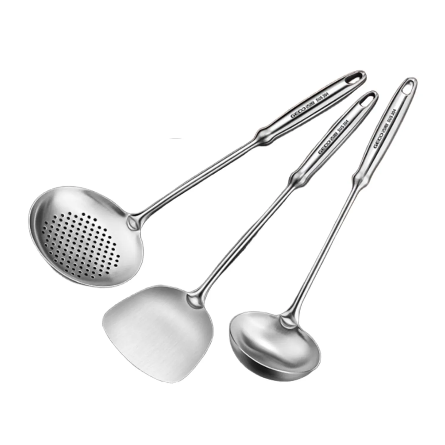

LFGB Certification 304 Stainless Steel Cookware Set Heat Insulation Soup Spoon Spatula and Colander for Kitchen Cooking Tool