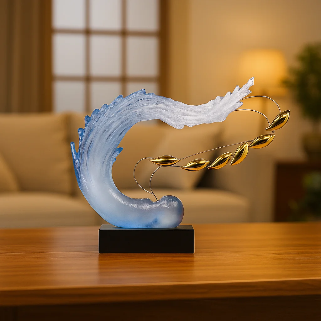 *#QArtistic Blue Wave Resin Sculpture with Hand-painted Golden Leaves Guangdong Made Home & Hotel Decor&