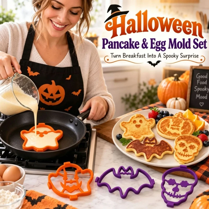 4PCS Silicone Pancake & Egg Molds Set Spooky Skeleton Ghost Bat Shaped Pancake Art Stencils Egg Rings Fun Breakfast Molds