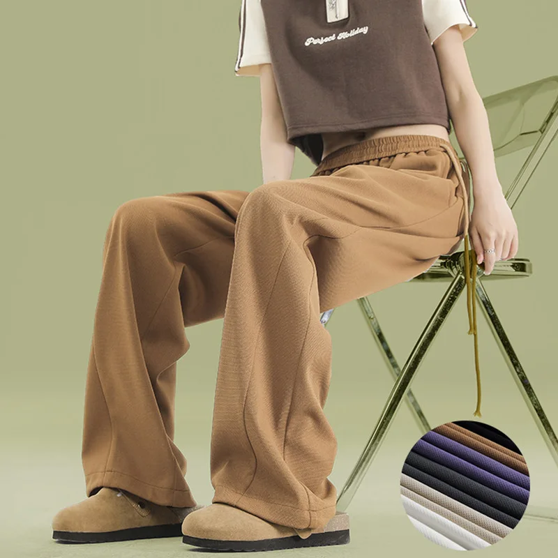 

2024 Elastic Drawstring Waist Sports Straight Wide Leg Pants Women Long Solid Trousers Women Joggers Streetwear Sweats Pants