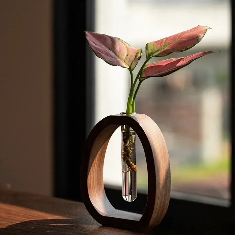 Walnut solid wood flower ware Creative flower arrangement decoration Simple glass plant flower stand mini water-cultured vase