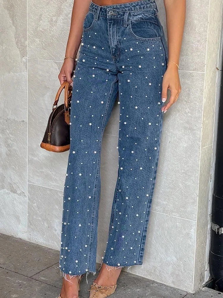 

Retro American Street Style Denim Jeans Cross Waist Stitched Beads Casual Fashion Straight Leg Frayed Long Pants Women