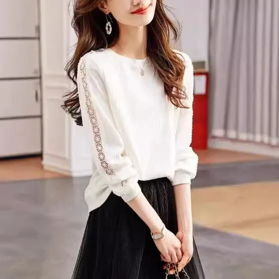 

Women Knitted Top Pullover Round Collar Lace Hollow Out Full Sleeve Knitting Tops Knitwear T Shirt Office Lady Autumn Winter