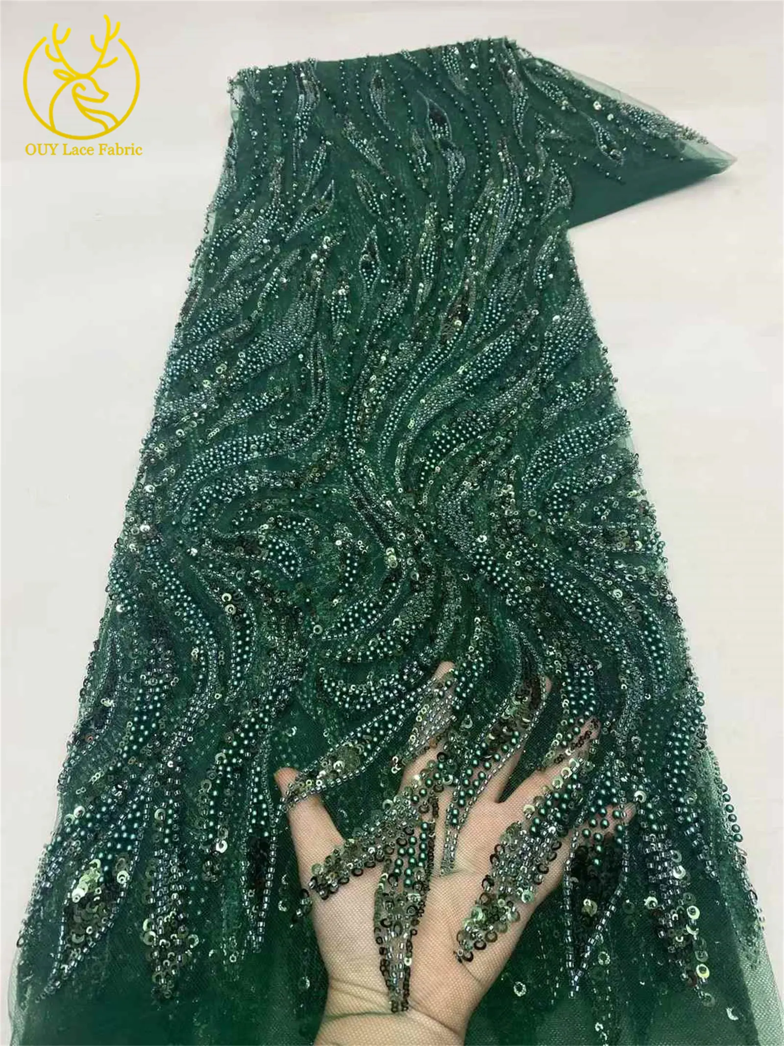 Green African Beaded Sequins Lace Fabric Hot Sale Nigeria French Groom Embroidery Mesh Tulle Lace For Women Wedding Dress Party