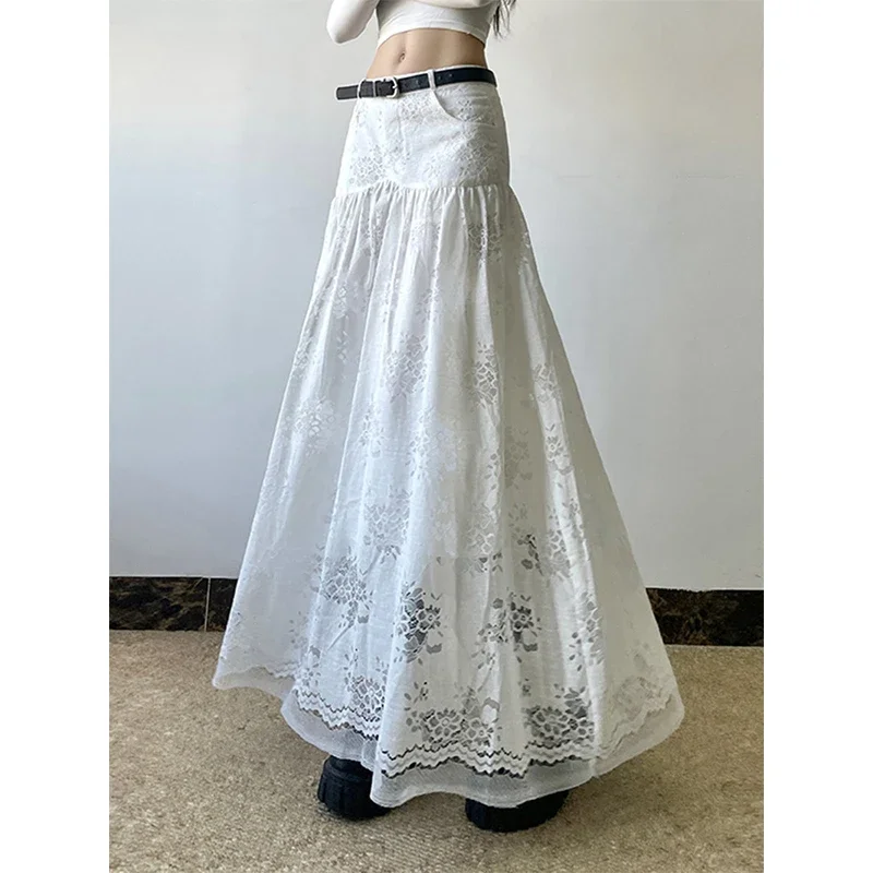 

MEXZT Y2K White Midi Skirt Women Streetwear Lace Patchwork Skirts Summer Gyaru Korean Fashion High Waist Design A Line Faldas