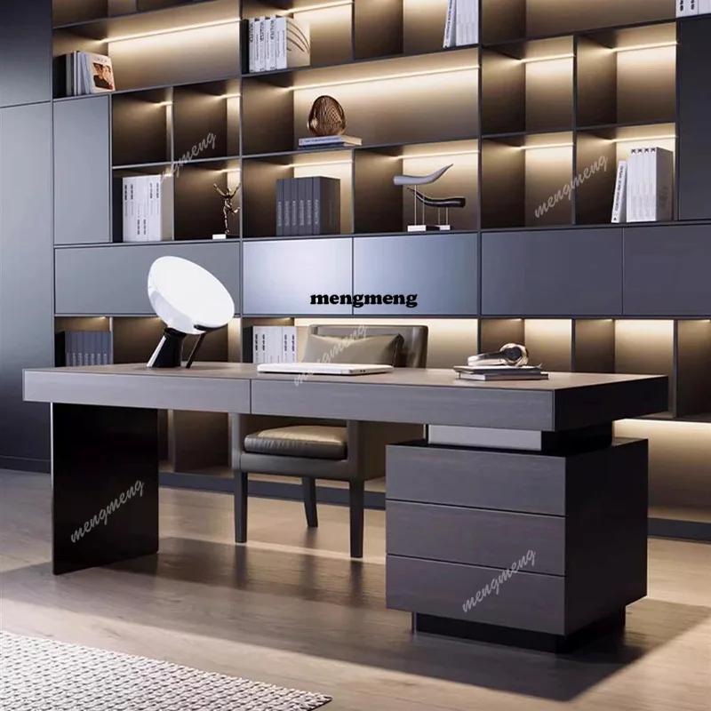 

Modern Wooden Desk with Drawer and Storage Cabinet Stainless Steel Legs, Writing Table for Home Office or Study Room