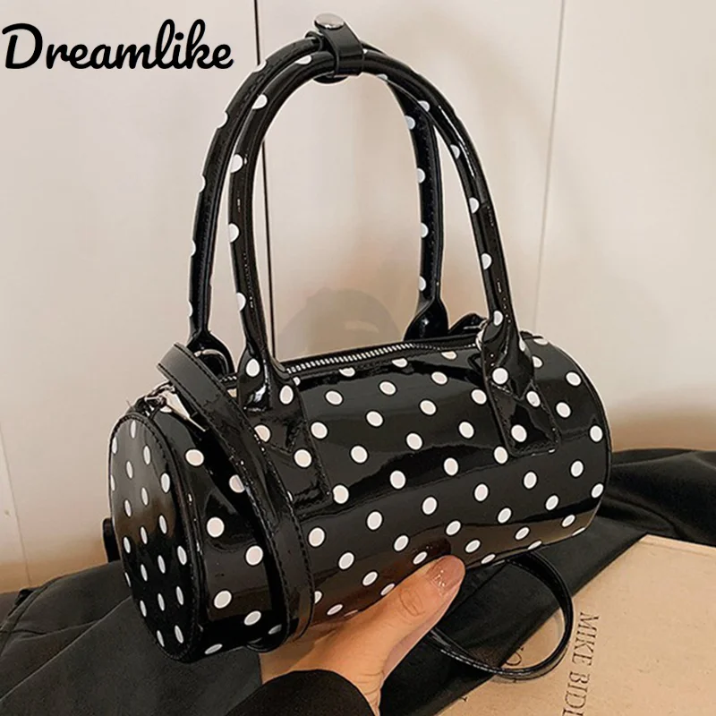 

Handbag with Dots Print Shoulder Bag for Women Polka Dot Mini Handle Purse PU Leather Barrel Shape Handbag Adjustable Strap