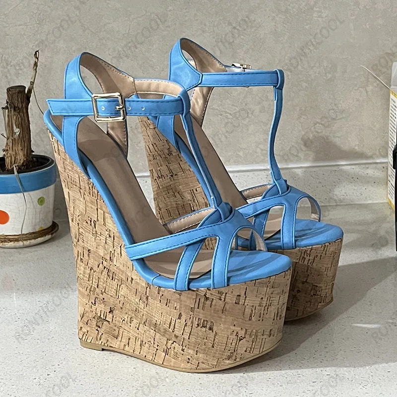 Ronticool Handmade Women T-strap Sandals Ultra High Wedges Heels Round Toe Classics Black Dress Shoes Ladies US Plus Size 5-15