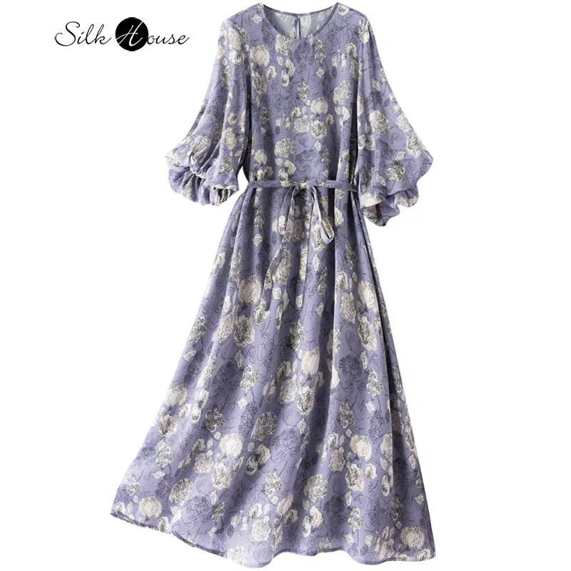 

Sleeves Colorful Double Crepe Silk Dress Women's Round Neck Flower Bud Sleeves Loose Medium Length Mulberry Silk Printed Dress