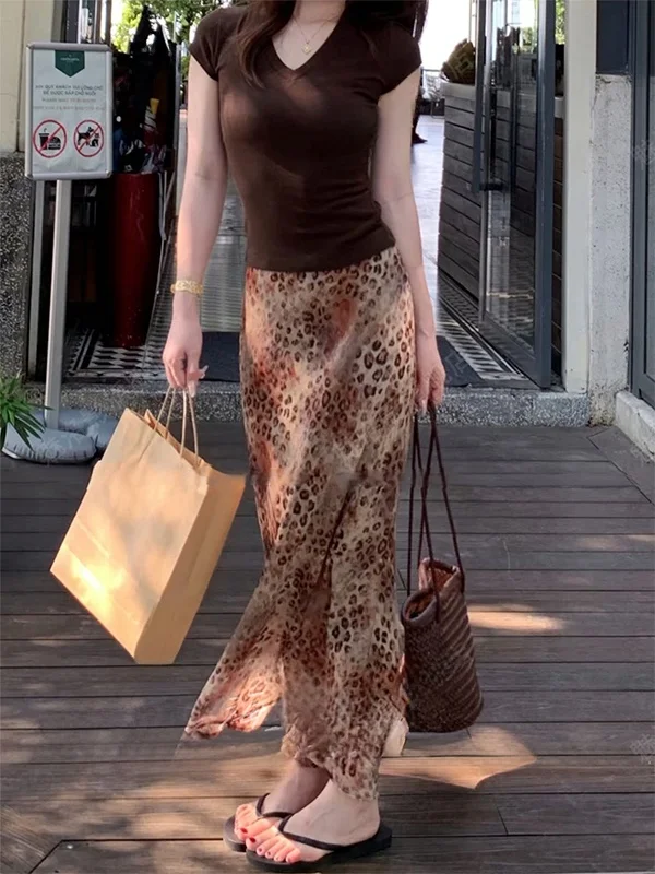Gold Threaded Chiffon Half-length Skirt Leopard Print Holiday Style Long Short Skirts Non-deformable High Waist Straight Cut