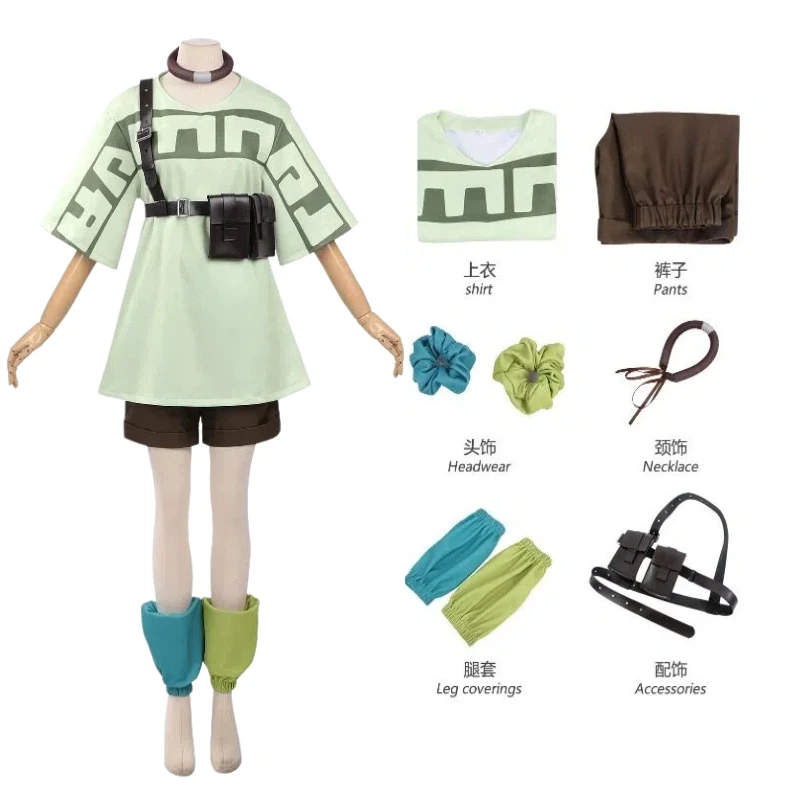 

Anime Remlin Cosplay Costume Green Short Sleeve Top Shorts with Accessories Full Set Role Play Outfit for Women Theme Party