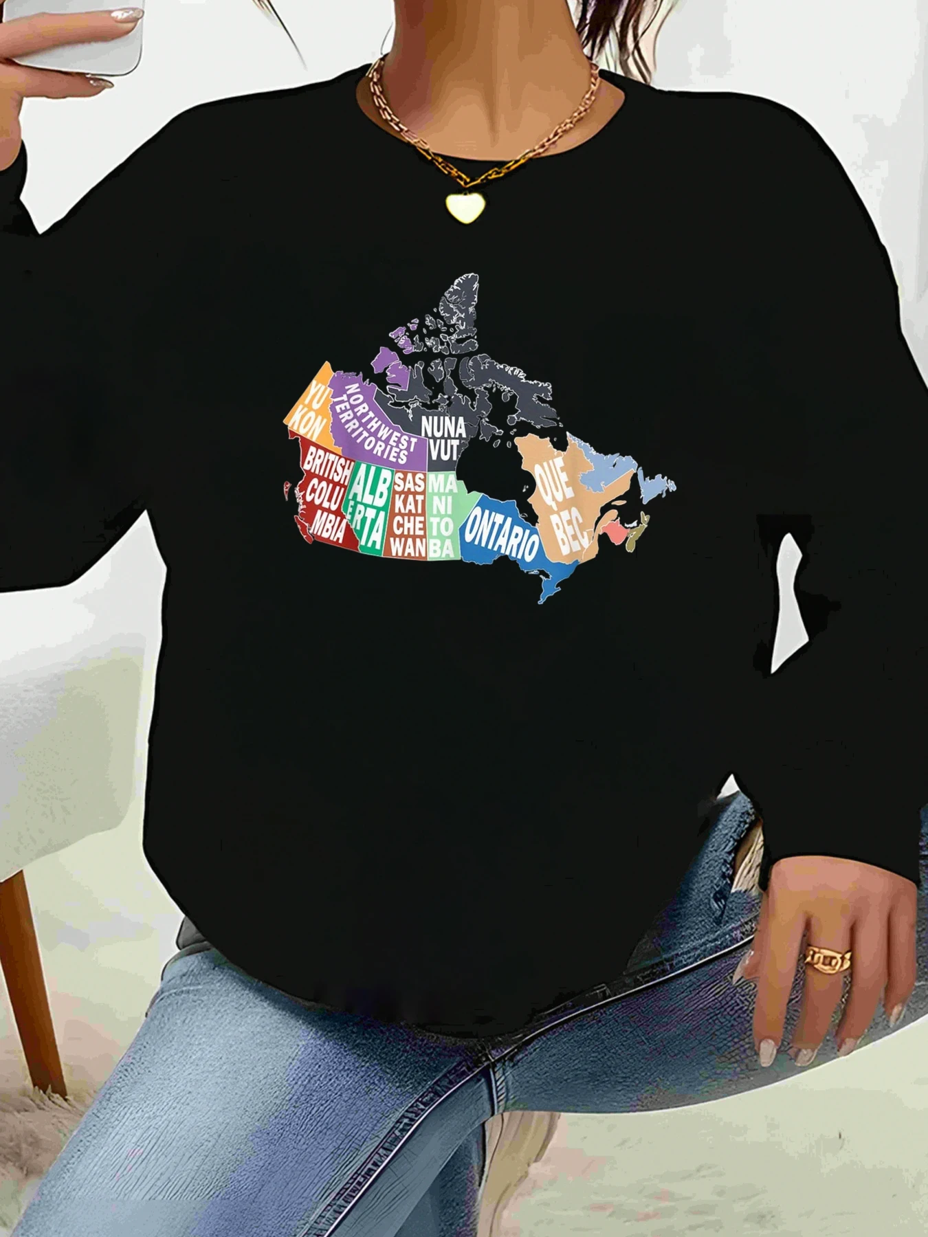 เสื้อสเวตเชิ้ตแขนยาวพิมพ์ลายแผนที่แคนาดาสำหรับผู้หญิงสวมใส่ลำลอง