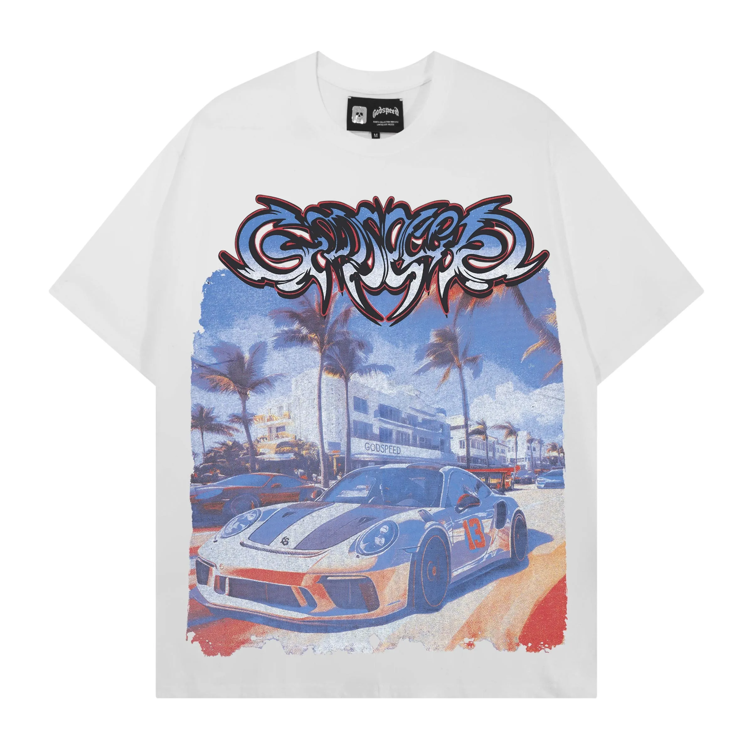 High Quality Godspeed American Trendy Car Print INS Heavyweight Double Thread Summer Pure Cotton Loose Short Sleeve T-Shirt
