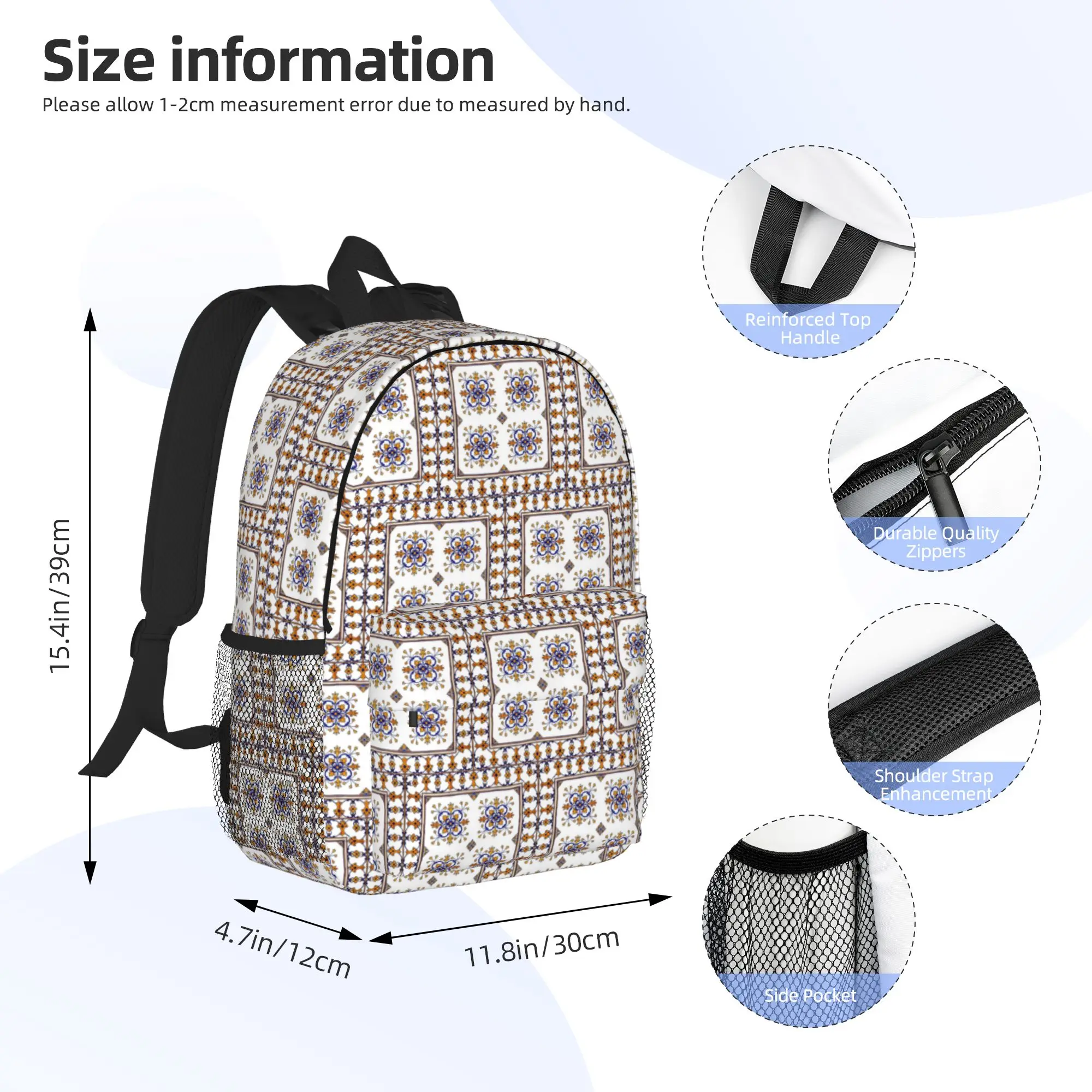 Traditional Portuguese Azulejo Blue Orange Floral Tile Pattern Backpack Hot Sale Daypack BookBag Shoulder Bags  School Bag
