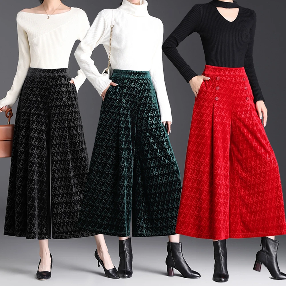 High Waist Elastic Waist Gothenburg Gold Velvet Wide Leg Pants 2023 Autumn/Winter New Women's Pants Nine Point Red Pant Skirt