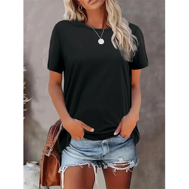 Loose Breathable ort Sve T-irt Women's Cross-Border Pure Color Pullover plus Size Trendy Clothing round Ne Polyester