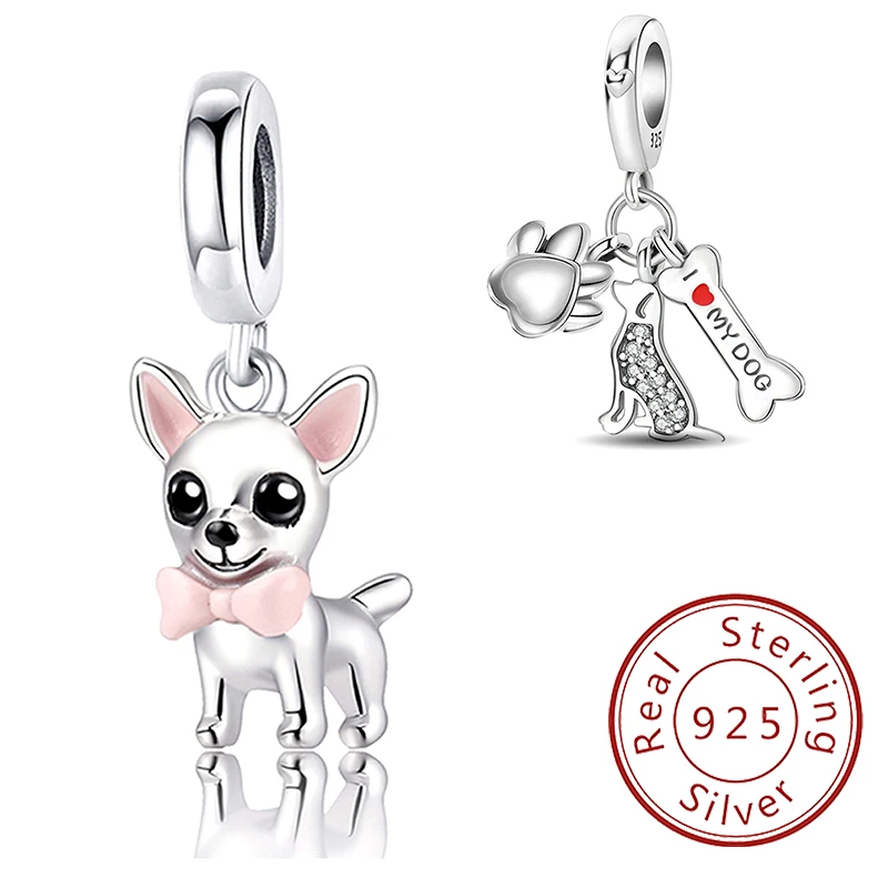 925 Sterling Silver Dumbbell Pink Dachshund Dog Animal Footprint Diy Charms Beads Fit Original Pandora Bracelets Fine Jewelry