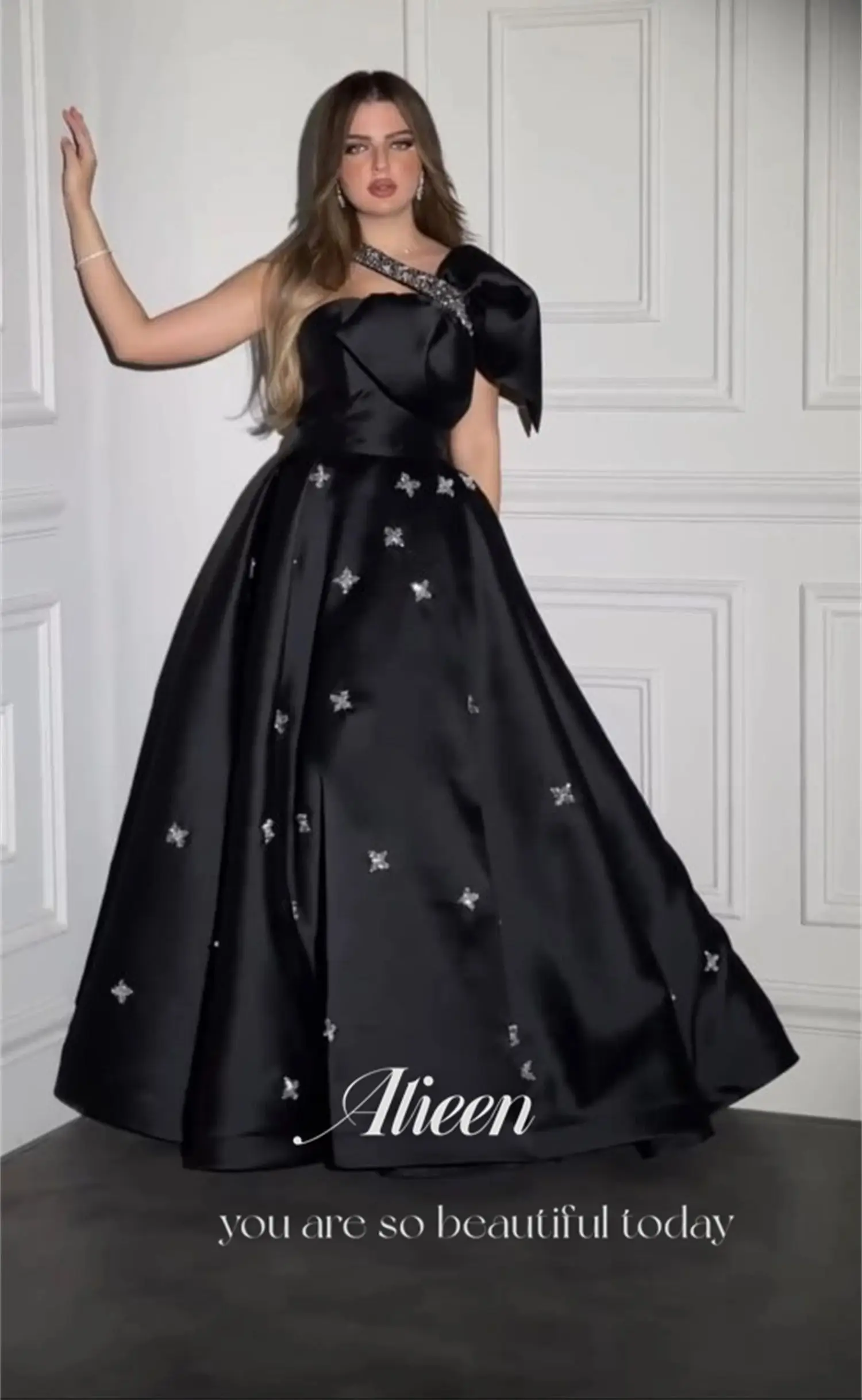 Aileen Eid Al-fitr Luxurious Decoration Satin Black One Shoulder Sleeve Quinceanera Dresses Gala Dress Woman Female 2024 Midi Ne