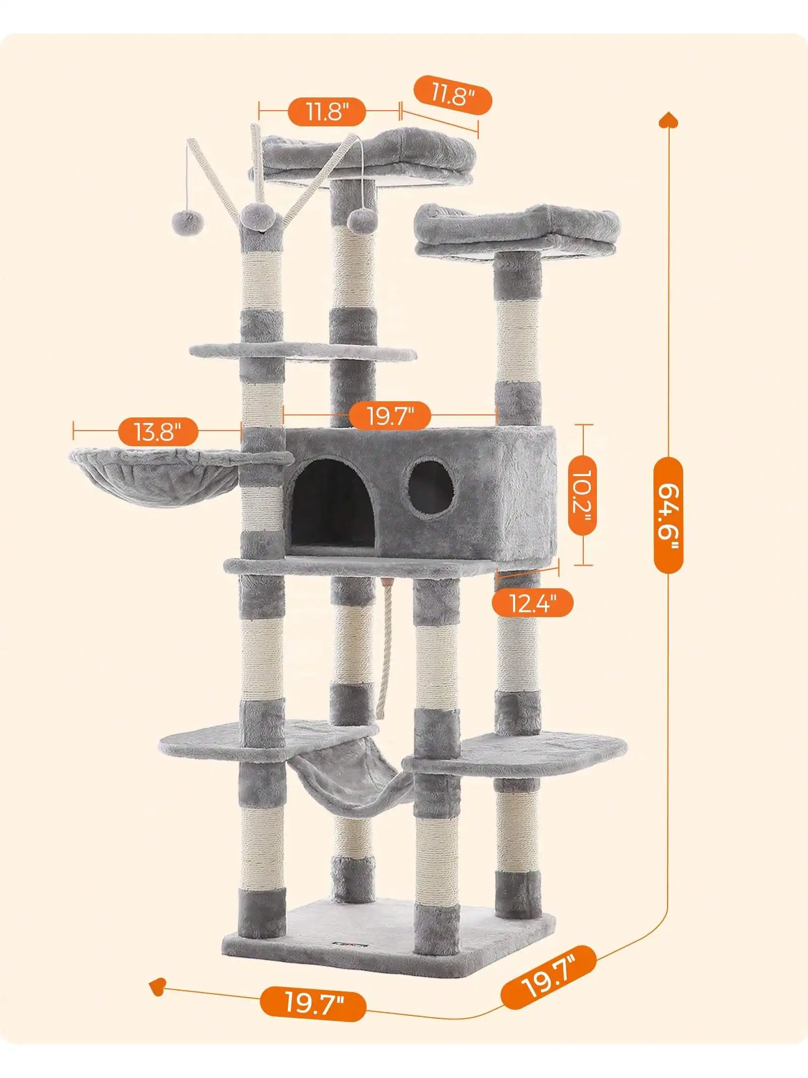 Feandrea Cat Tree, Large Cat Tower, 64.6 Inches, Cat Activity Center With Hammock, Basket, Removable Fur Ball Sticks, Cat Con