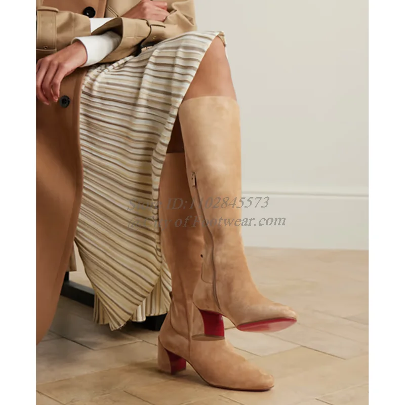 Apricot Suede Low Heels Knee High Boots Women's Winter New in Comfy Chunky Heel Zipper Long Boot Luxury Designer Causal Shoes