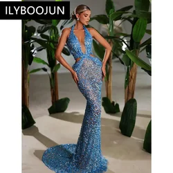 BY Sexy Backless Halter Blue Sequins Sparkly Glitter Maxi Long Women Celebrity Dress 2024 Elegant Party Evening Club Vestido