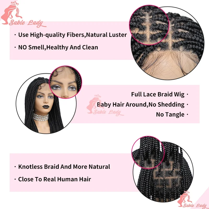 36 "كورنو شعر مستعار مضفر الاصطناعية كامل الدانتيل الباروكات الأمامية للنساء Knotless صندوق تجديل شعر مستعار مع شعر الطفل