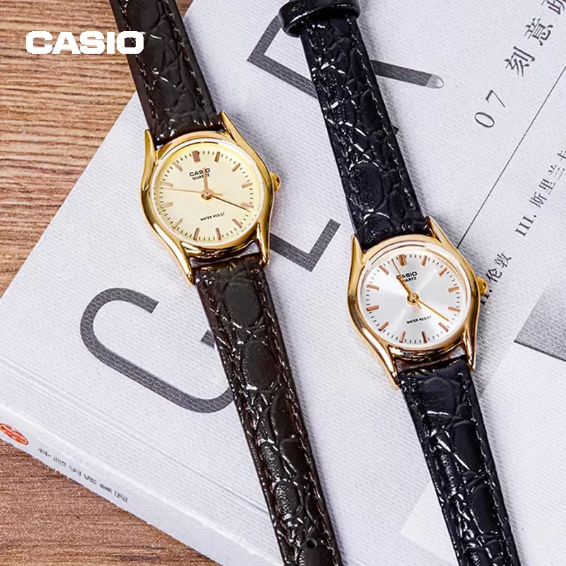 Casio-Relógio de couro vintage feminino, tempo do tesouro, cinto simples, desenhos animados simples, marrom, preto, LTP-1094Q