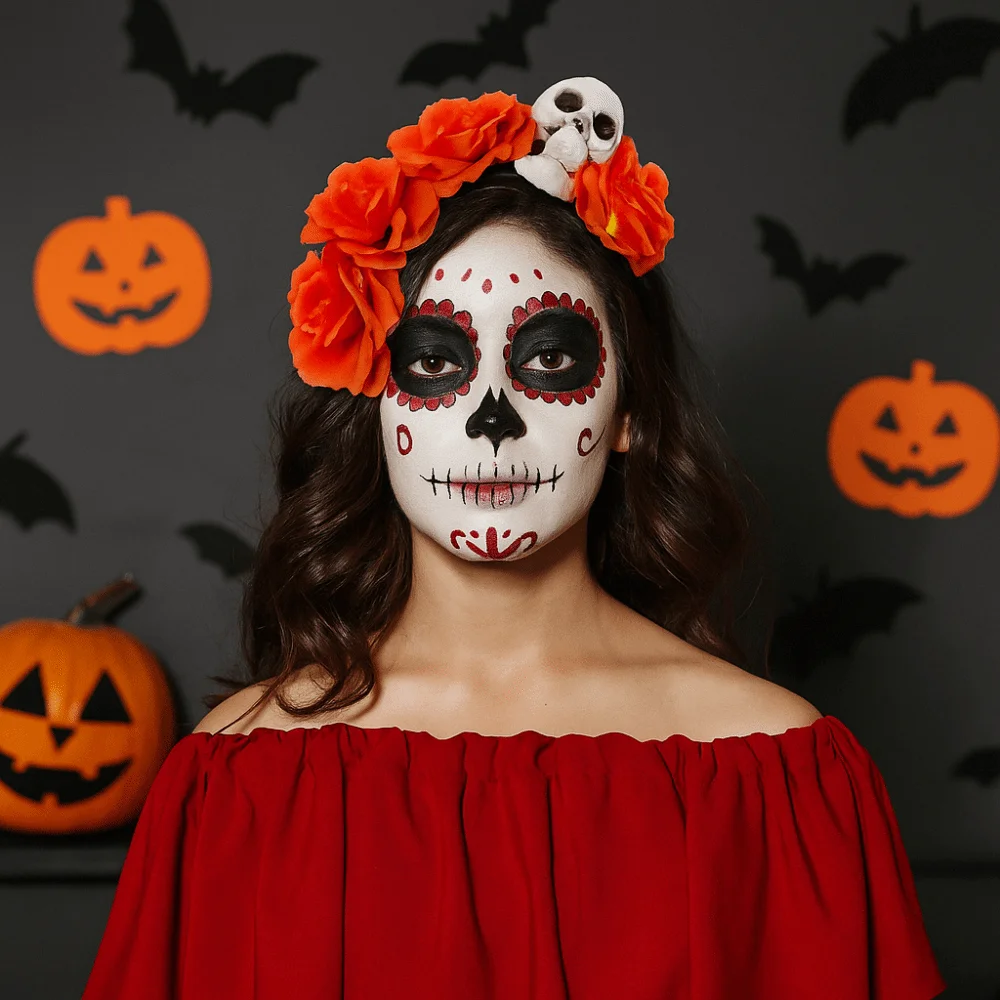 

Преувеличенная повязка на голову с черепом, имитация цветка, декор на Хэллоуин, обруч для волос на Хэллоуин, забавная красочная повязка для волос с готическим цветком