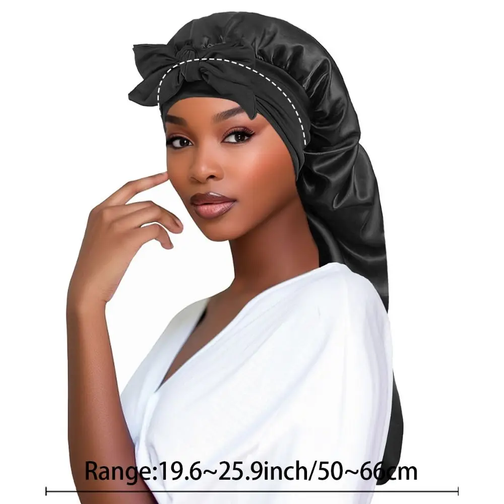 Personalized Comfortable Women's Bonnet Smooth Bowknot Long Sleeping Hat Single Layer Elastic Night Sleep Cap Natural Curly Hair