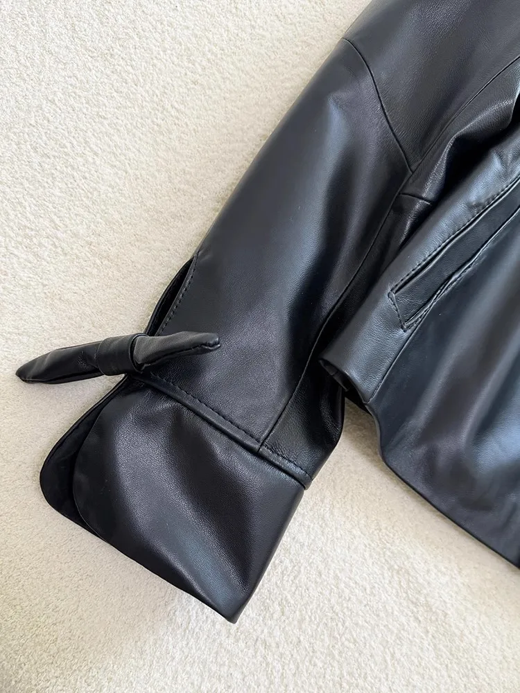 秋の新女性シープスキン本革ジャケットちょう結び長袖 O ネックシングルブレスト甘い女性オートバイ生き抜くコート