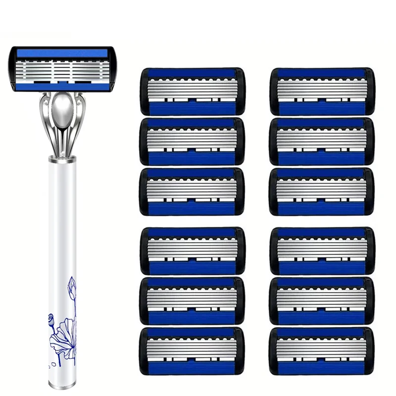 

6-Layer Safety Razor with Metal Handle for Beard and Mustache. Stainless Steel Classic 6-Blade Manual Shaver with Smooth Skin