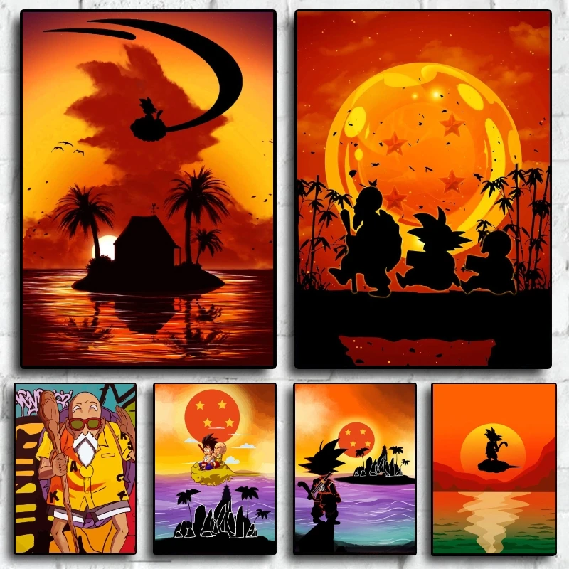 

Dragon Ball Silhouette Posters-Sunset Scenes with Classic Characters Goku Unique Wall Art for Anime Lovers High Quality Prints