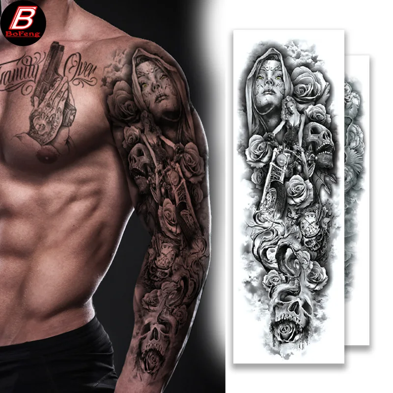 Manga de tatuajes temporales de gran tamaño para brazo completo, pegatina de tatuaje impermeable de múltiples estilos, arte corporal, hombres y