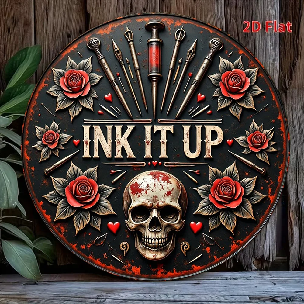 2D Flach, 1 Stück 8x8 Zoll/20x20 cm 2D Flaches Rundes Schild, Vintage Dekorative Plakette für Tattoo-Kunst, „INK IT UP“ Totenkopf- und Rosen-Design, Idee
