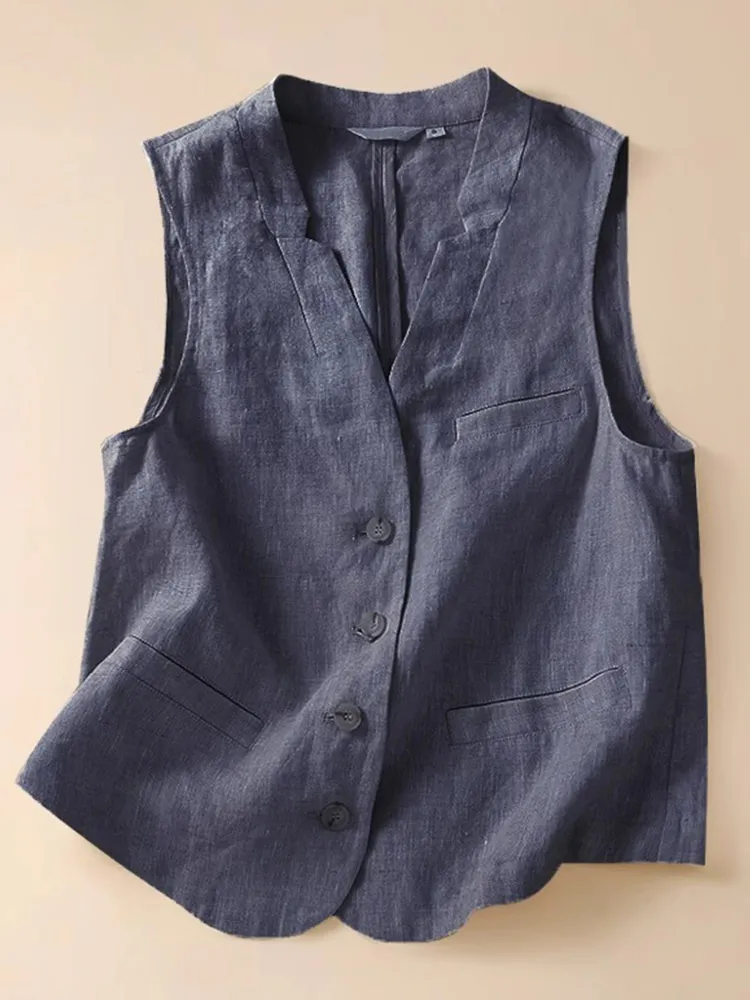 

Casual V-Ne Single Button Design Cotton Linen Vest Summer New Sle Thin Outerwear Women's Top Svel Faion Outer Layer