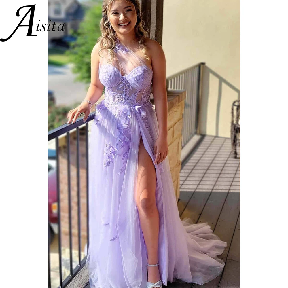 Sexy Sparkling Prom Dresse Princess One Shoulder Prom Gown Tulle Side Split a-line Formal Party Dress muslimexmuslimataperizn onda