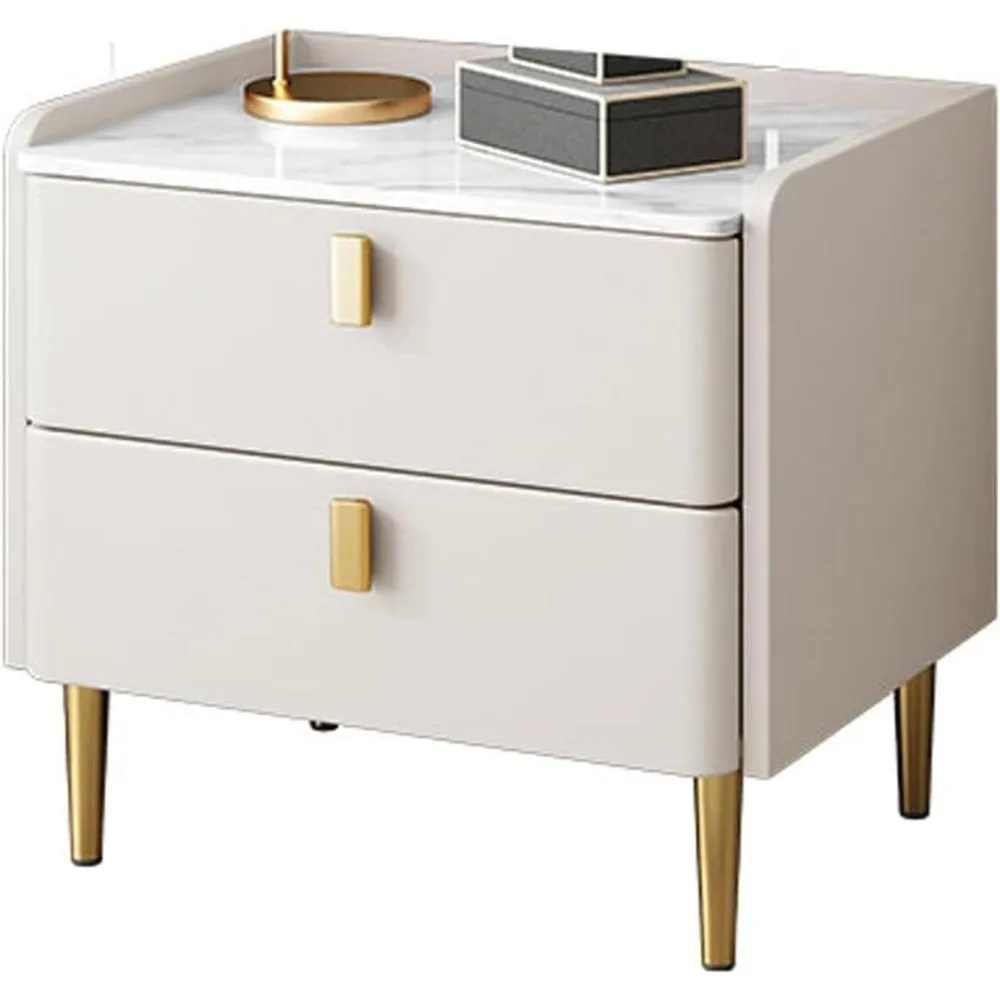 منضدة حديثة من منتصف القرن مع سطح حجري أبيض ومقابض معدنية، وطاولة بجانب السرير بدرجين #1