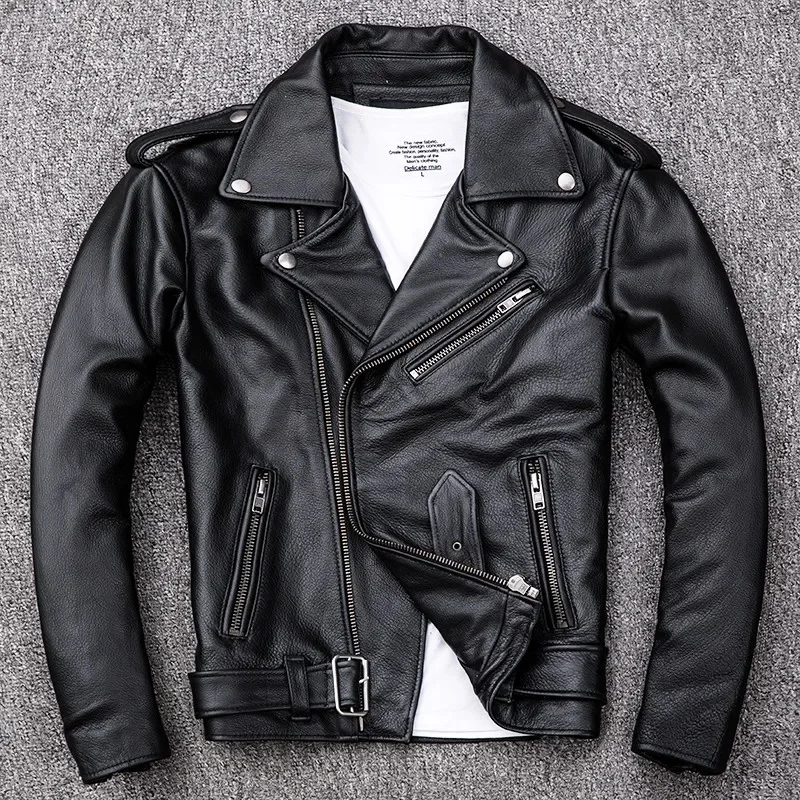 Motorcycle Classical Oblique Zipper Men Leather Jacket Natural Calf Skin Thick Slim Cowhide Moto Biker 2024 Spring New