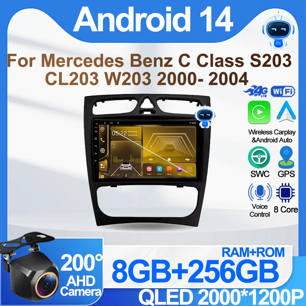 Android 14 For Mercedes Benz C Class S203 CL203 W203 2000- 2004 GPS Navigation Touch Screen Rear Camera Mirror Link Carplay Wifi