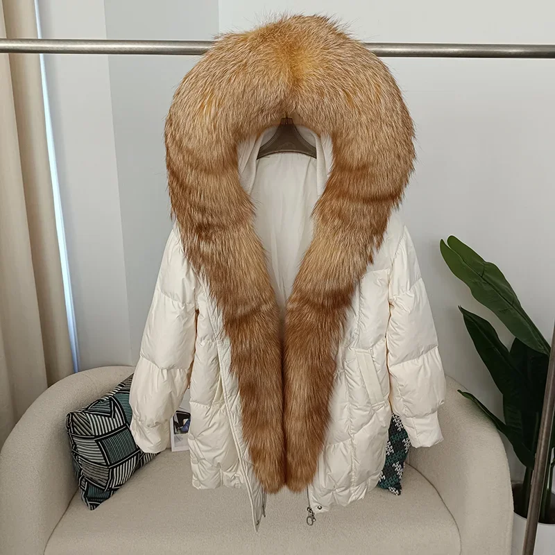 

MENINA BONITA Real Fox Fur Collar Hooded Winter Women White Duck Down Long Jacket Female Thick Warm Coat Luxury Loose Outerwear